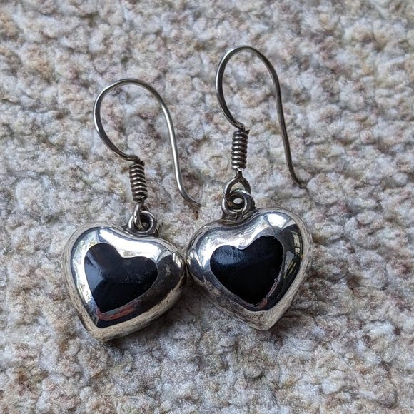 Jewelry - Vintage Mexican Taxco Sterling Silver Heart Charm Earrings with Black Onyx Inlay